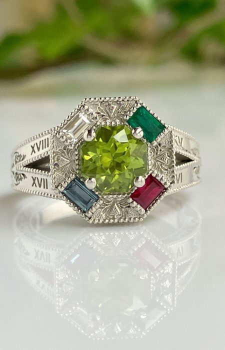art deco inspired family birthstone ring with engraving.jpeg - Suzanne Crudden Custom Jewellery