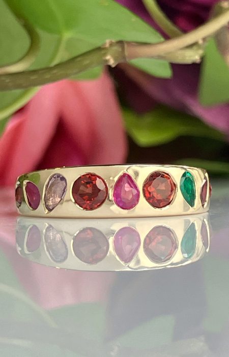 flush set wide gemstone ring colorful yellow gold.jpeg - Suzanne Crudden Custom Jewellery